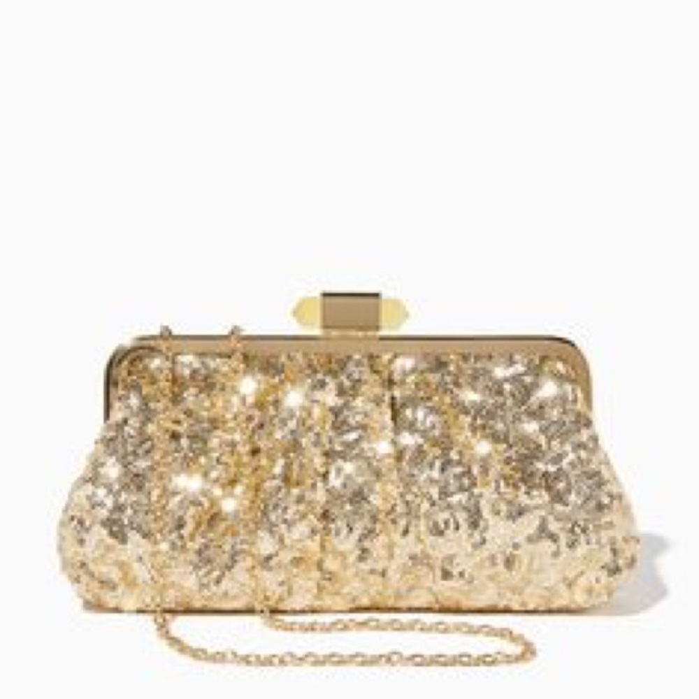 Gold sequin clutch with a crossbody chain